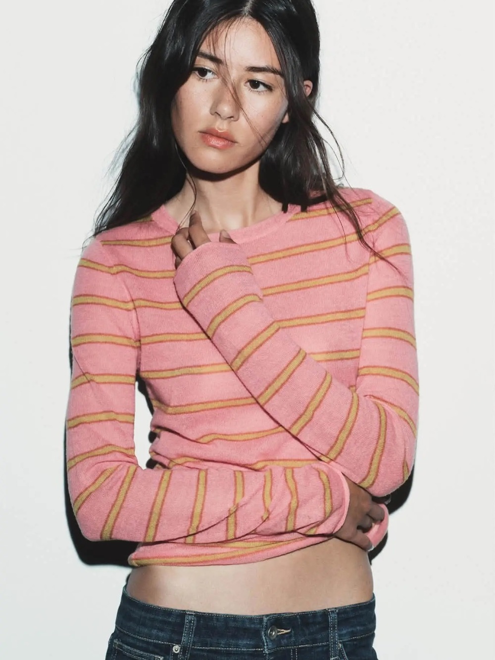Zara Pink Crewneck Sweater with Yellow Stripes